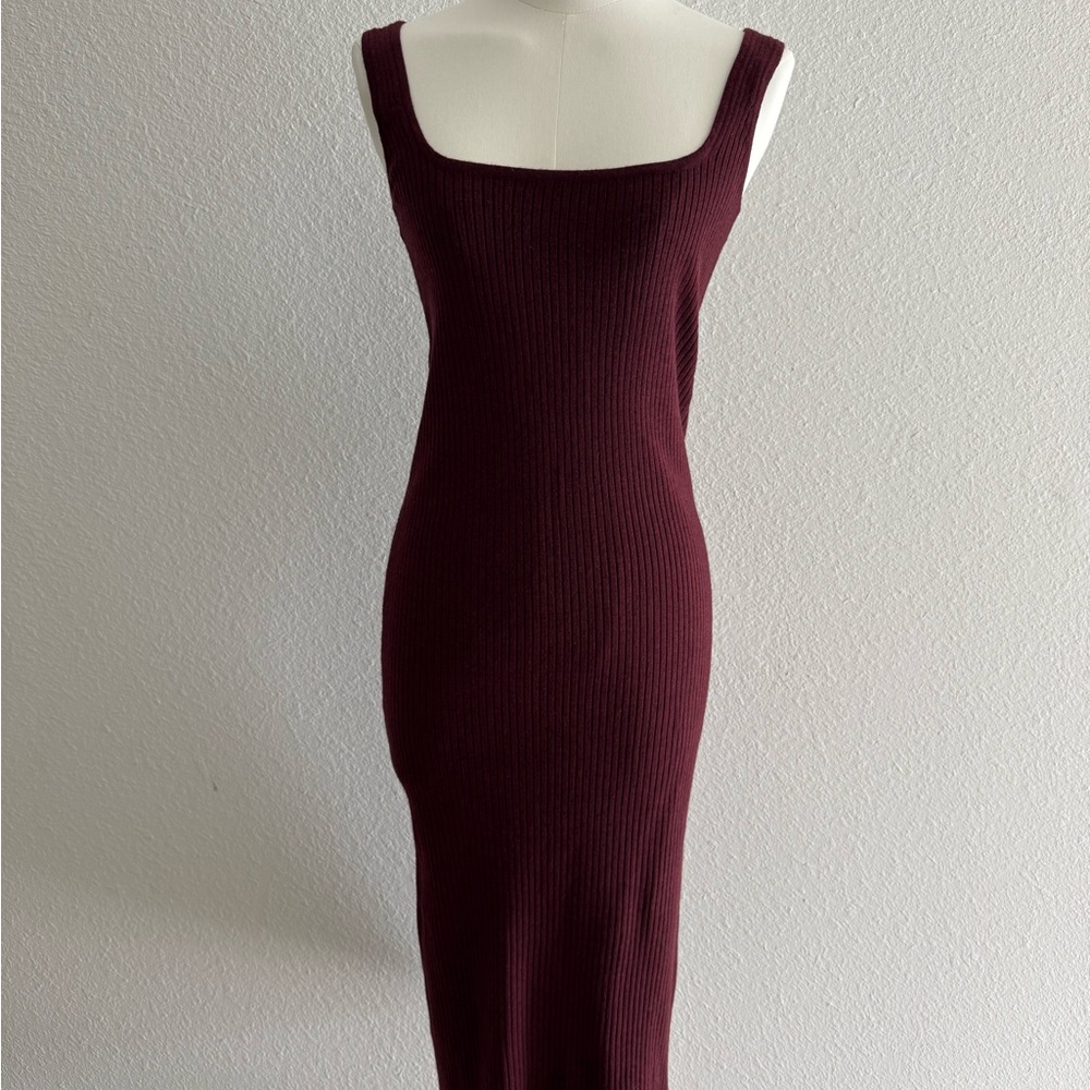 Lucy Paris Ribbed Square-Neck Midi Dress in Burgundy